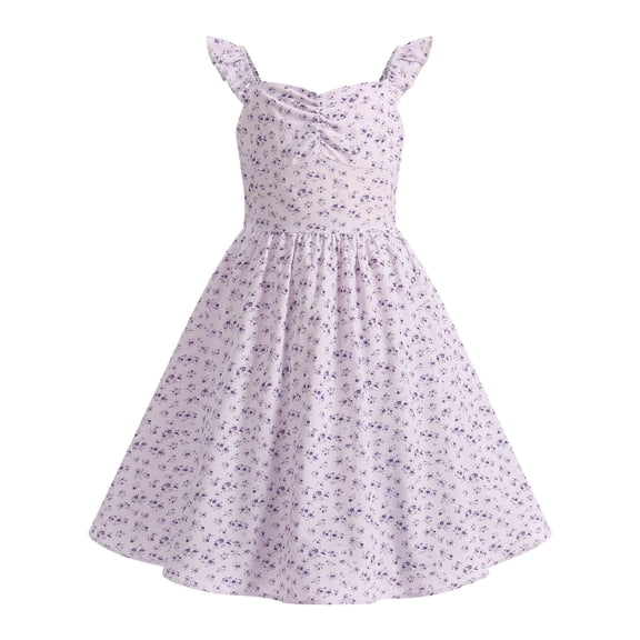 IBTOM CASTLE Teen Summer Holiday Floral Dress Junior Beach Casual Sundress | Tween Self Tie Back Flutter Sleeve Tea Party Back to School Prom Dress 10-11 Years Purple