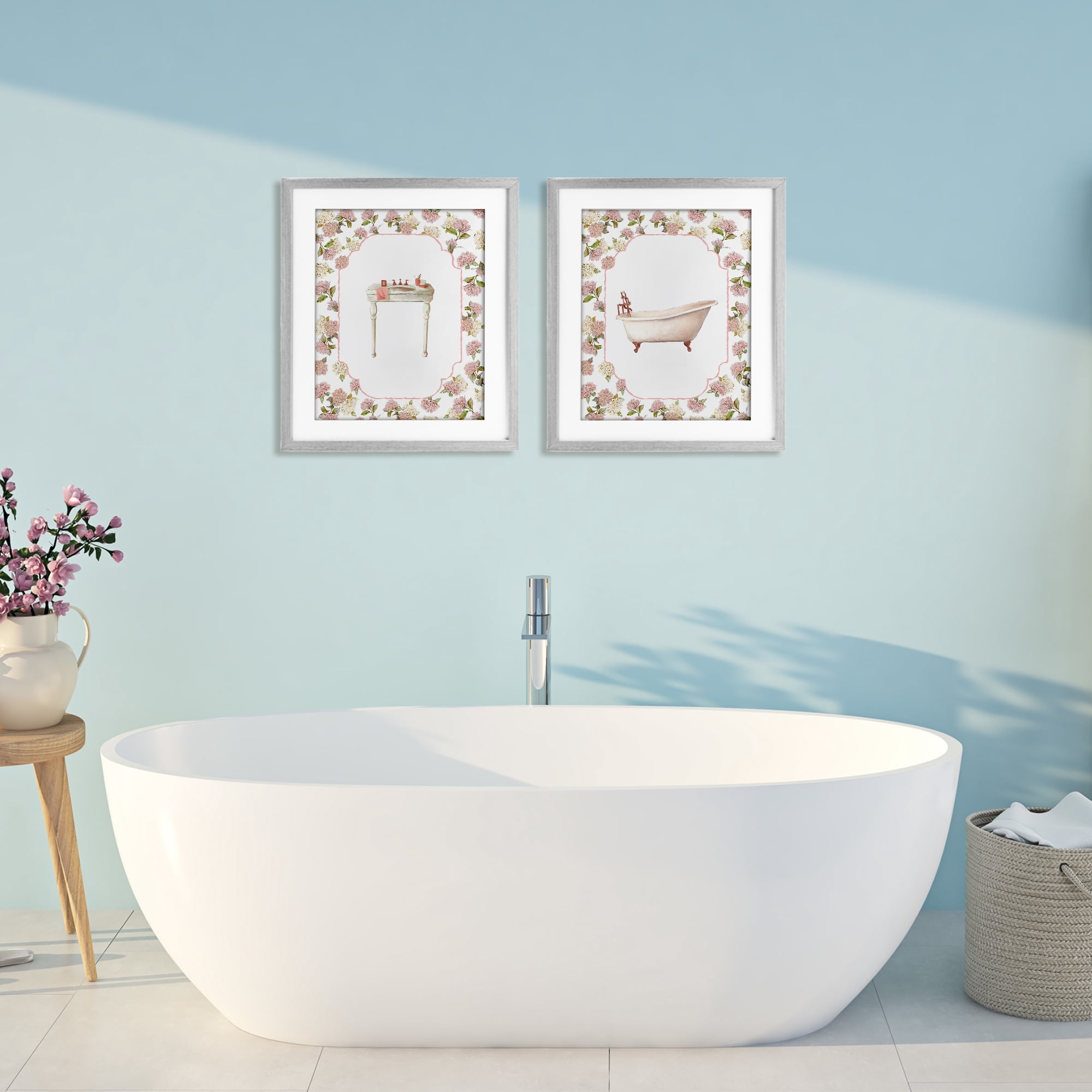 Stupell Industries Elegant Hydrangeas Bathroom 2 Piece Gray Framed Print Under Glass Set, design by Carol Robinson