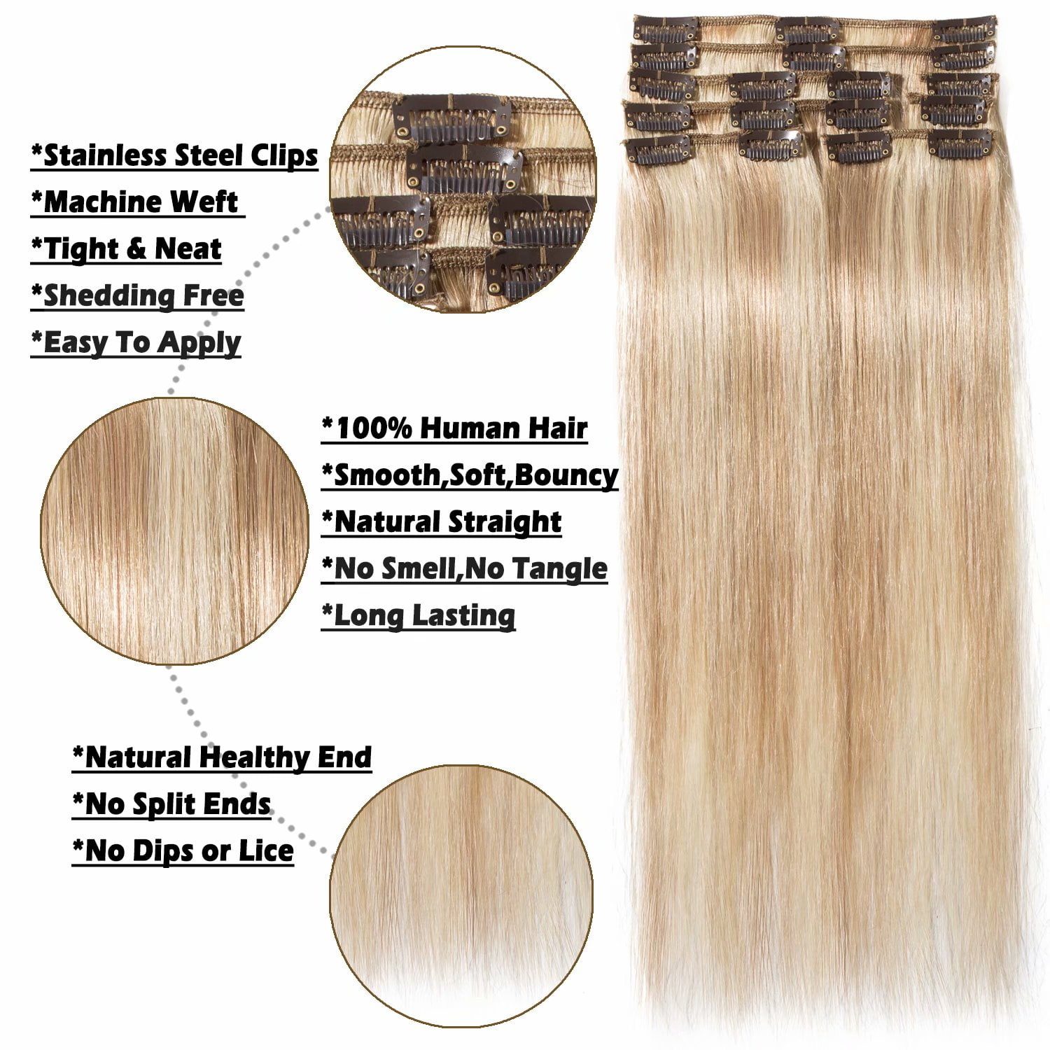 Benehair 100% Real Remy Human Hair Extensions Clip In 8Pcs Hair Weft Full Head Women Highlight Blonde Hair