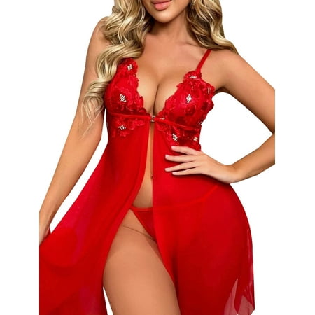 

DYMADE Women Sexy Sling Mesh Split Solid Color Pajamas Lace Sleepshirt