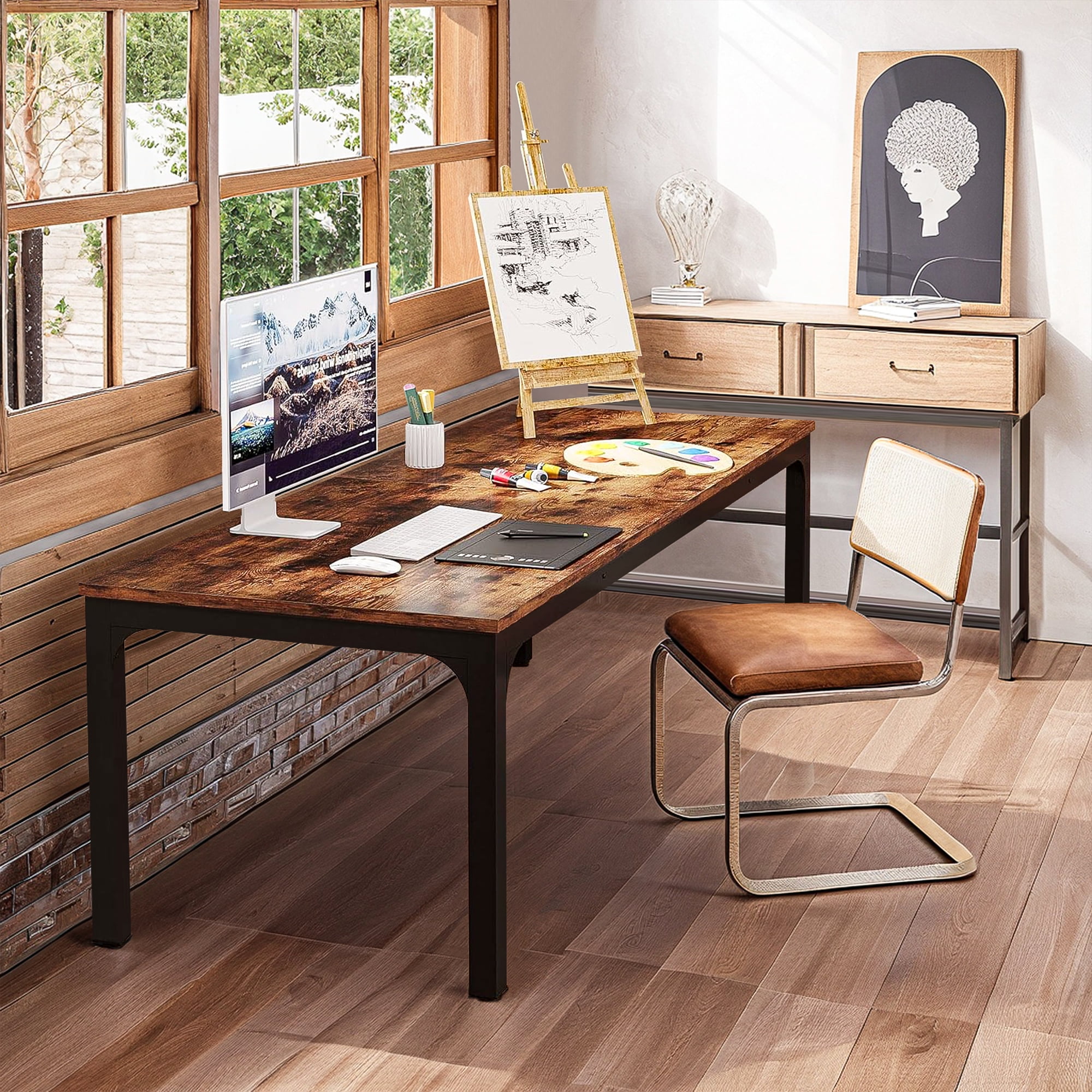 Demi Bonn 78" Farmhouse Dining Table, Wood Rustic Kitchen Table for 8 People, Large Rectangular Dinner Table for Dining Room, Home Office, Living Room Furniture, Rustic Brown