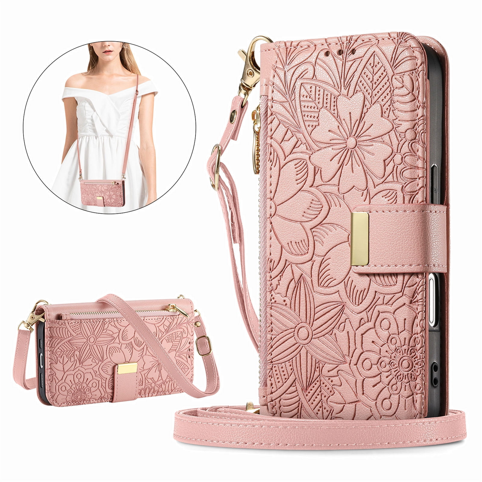 TECH CIRCLE for iPhone 17e/16e Wallet Case, Magnetic Floral Embossed PU Leather+TPU Crossbody Strap/Wrist Strap Case with Card Holder Zipper Wallet Shockproof Kicstand Cover,Rosegold