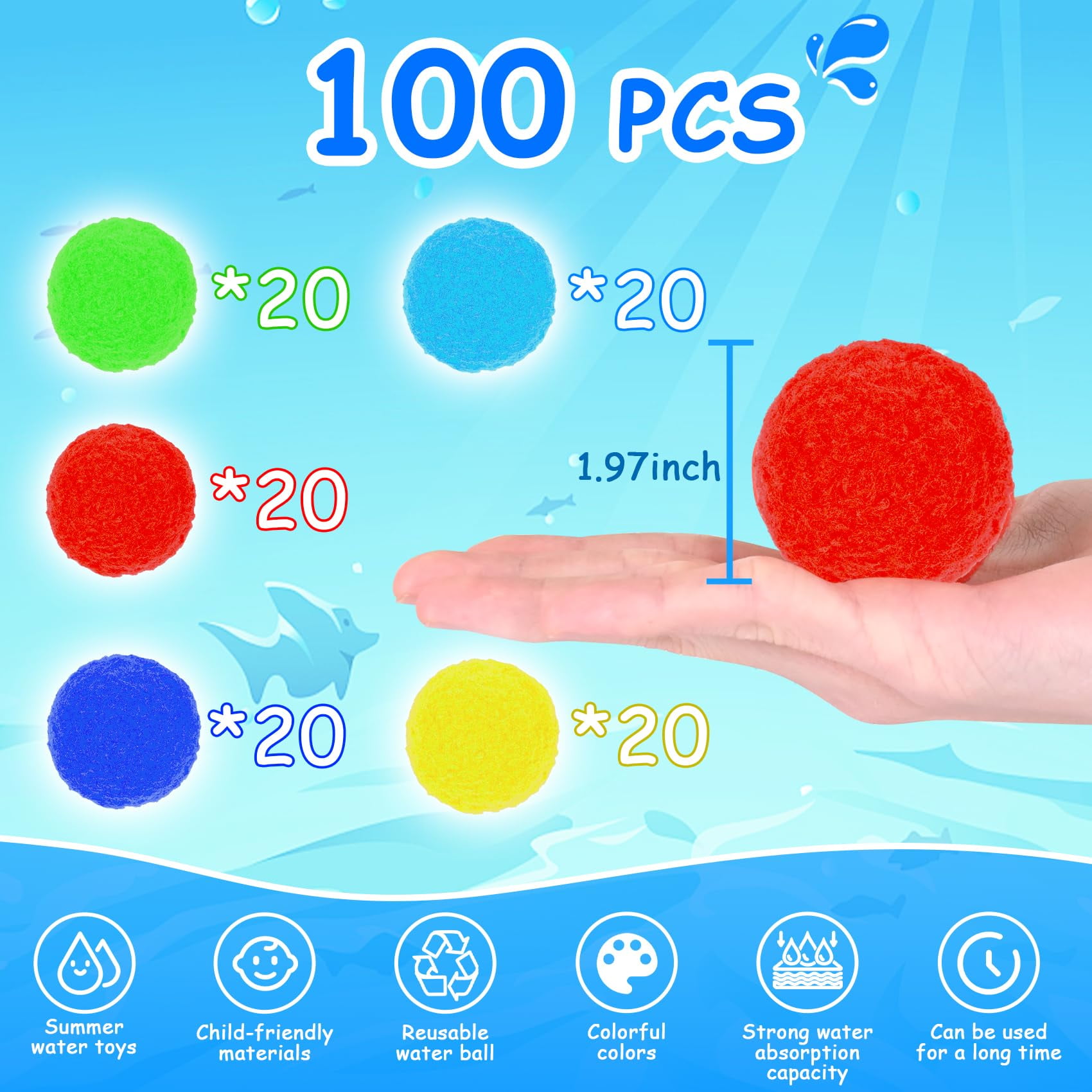Trianu 100Pcs Reusable Water Balloons, Soaker Water Balls Outdoor Toys for Pool Water Toys, Rightness Beach Ball for 3+ Years, Multicolor