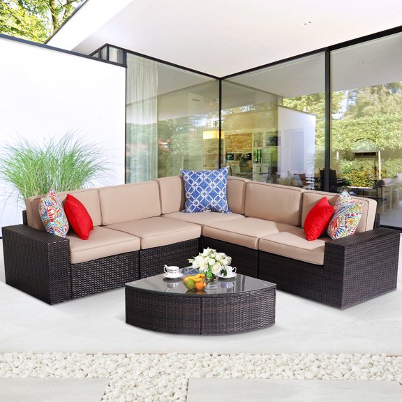 CozyHom 6 Pieces Outdoor Patio Furniture Sets Wicker Sofa Sectional, All Weather L Shaped Outdoor Furniture With Coffee Table&Cushion, Khaki