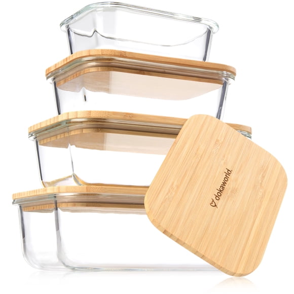 Set de recipientes de vidrio dokaworld con tapas de bambú x4