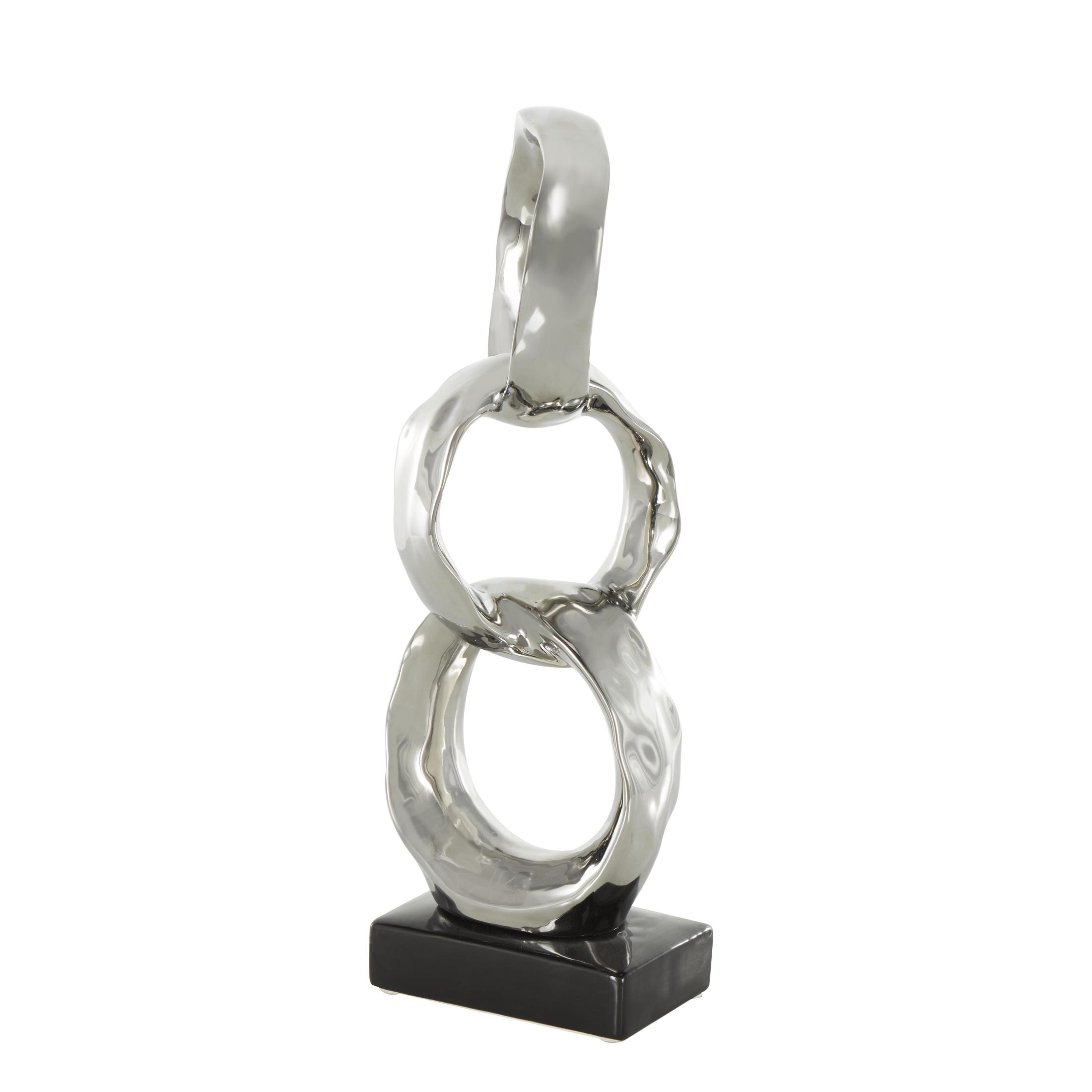 5" x 15" Silver Ceramic Interlocked Ring Abstract Sculpture with Black Base, by DecMode