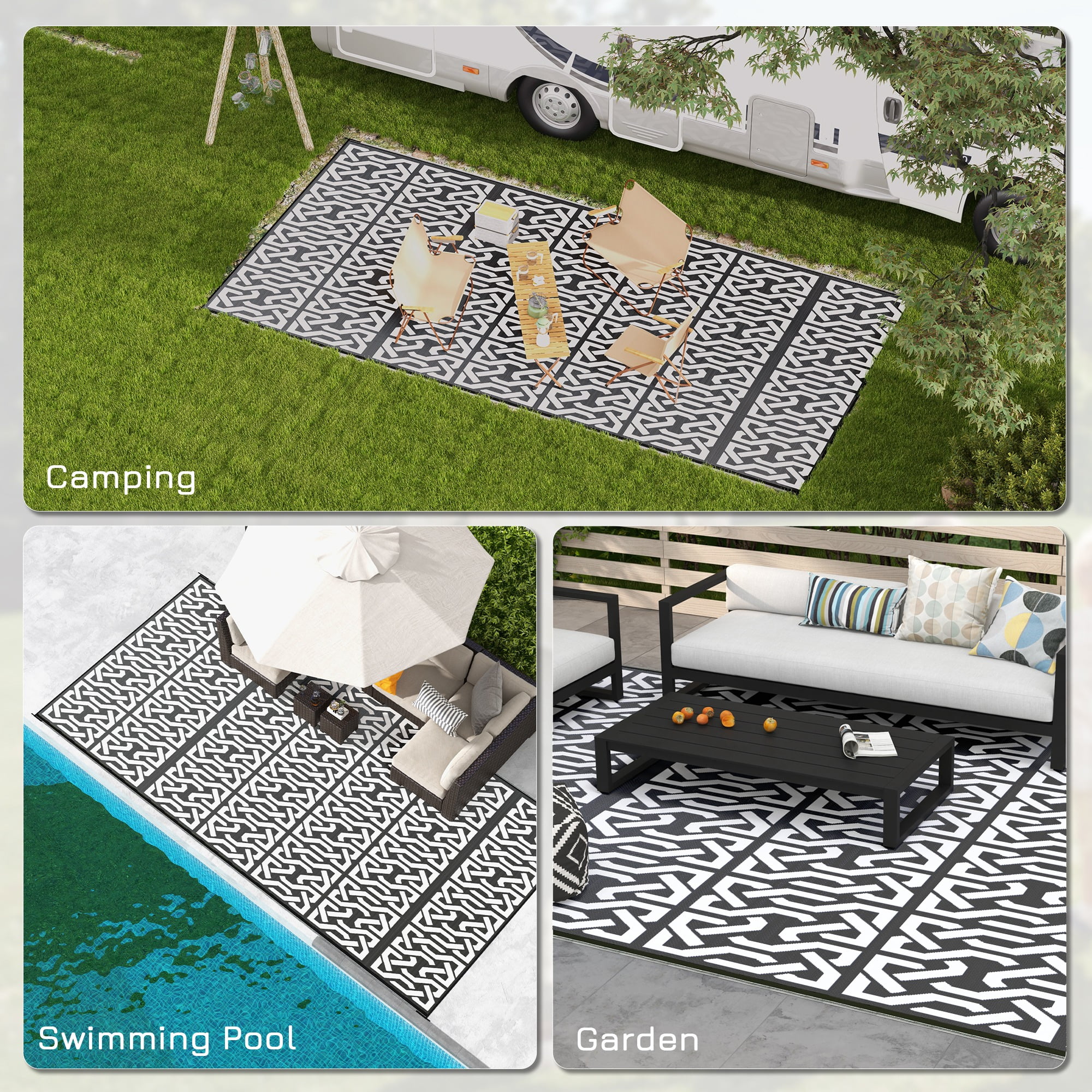 Outsunny Black and White Chain Loop Buckle Chain Outdoor Rug, 9' x 12', Waterproof