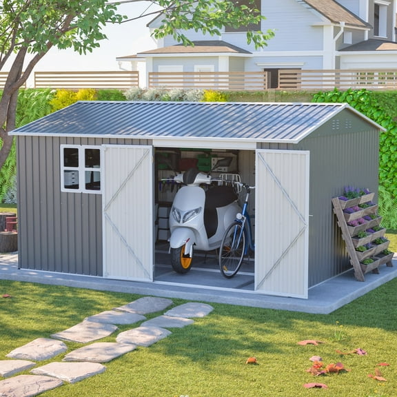 DTTRA 12 x 10 FT Outdoor Metal Storage Shed, Large Gray Steel Garden Tool Shed with Clear Window, Floor Frame Base & 4 Air Vents, Weather-Resistant Utility Storage Building for Patio & Backyard