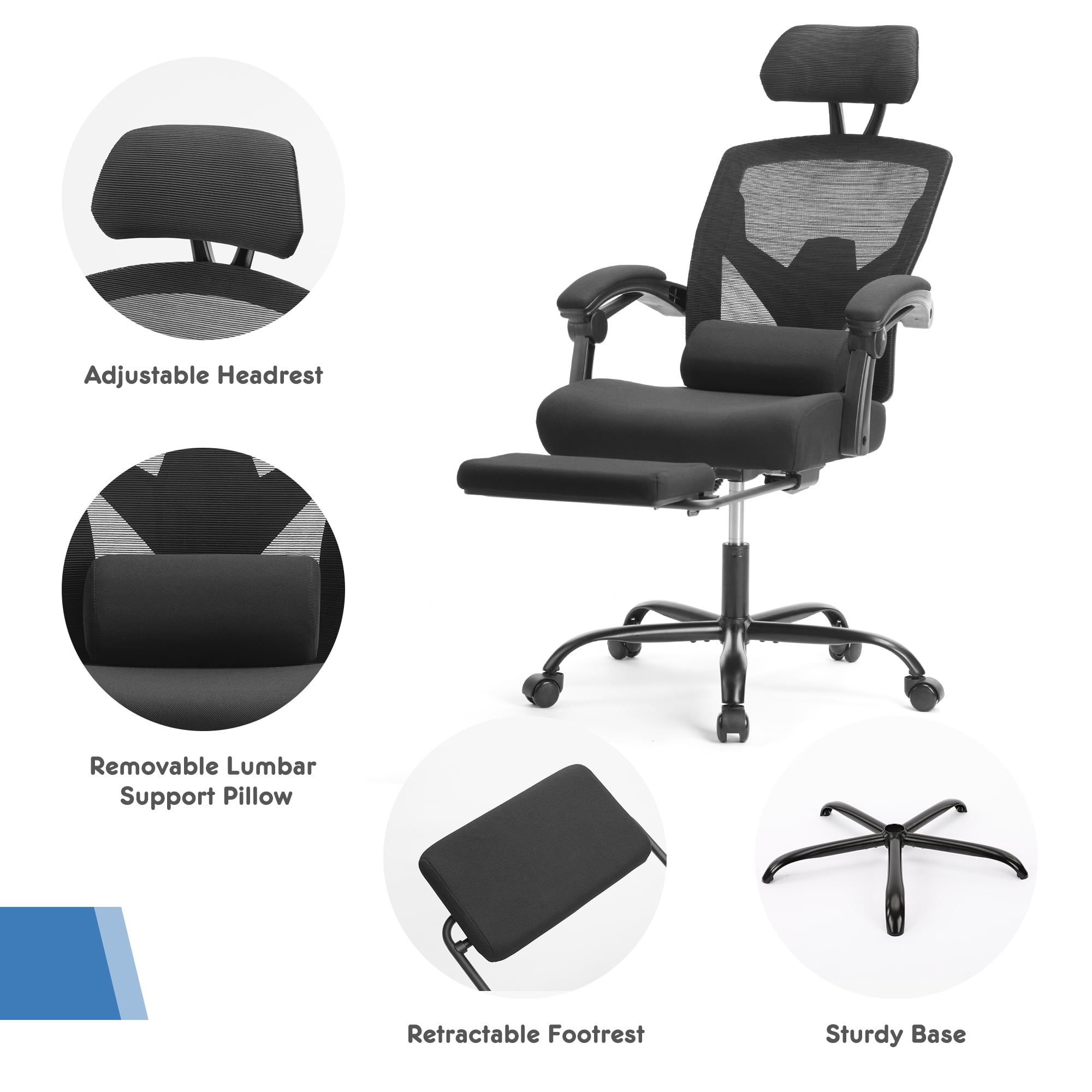 CONCETTA Ergonomic High Back Mesh Office Chair with Headrest, Footrest, Armrests for Adults, Black