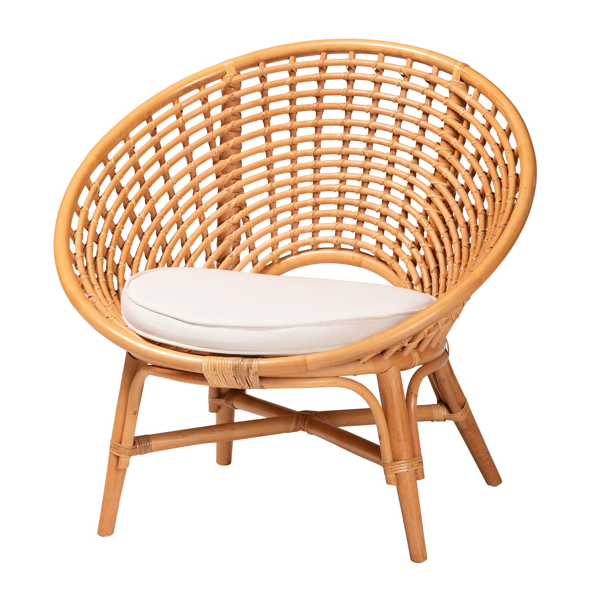 bali & pari Aerin Bohemian Natural Rattan / Fabric/Foam Solid Print Accent Chair, Light honey/White