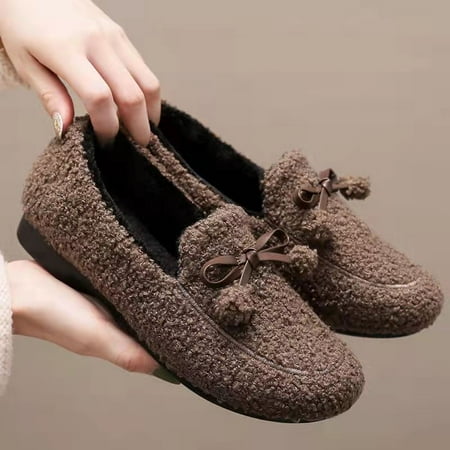 

Women‘s Bow Tie Plush Flats Soft Warm Lightweight Slip On Shoes Comfy Solid Color Loafers