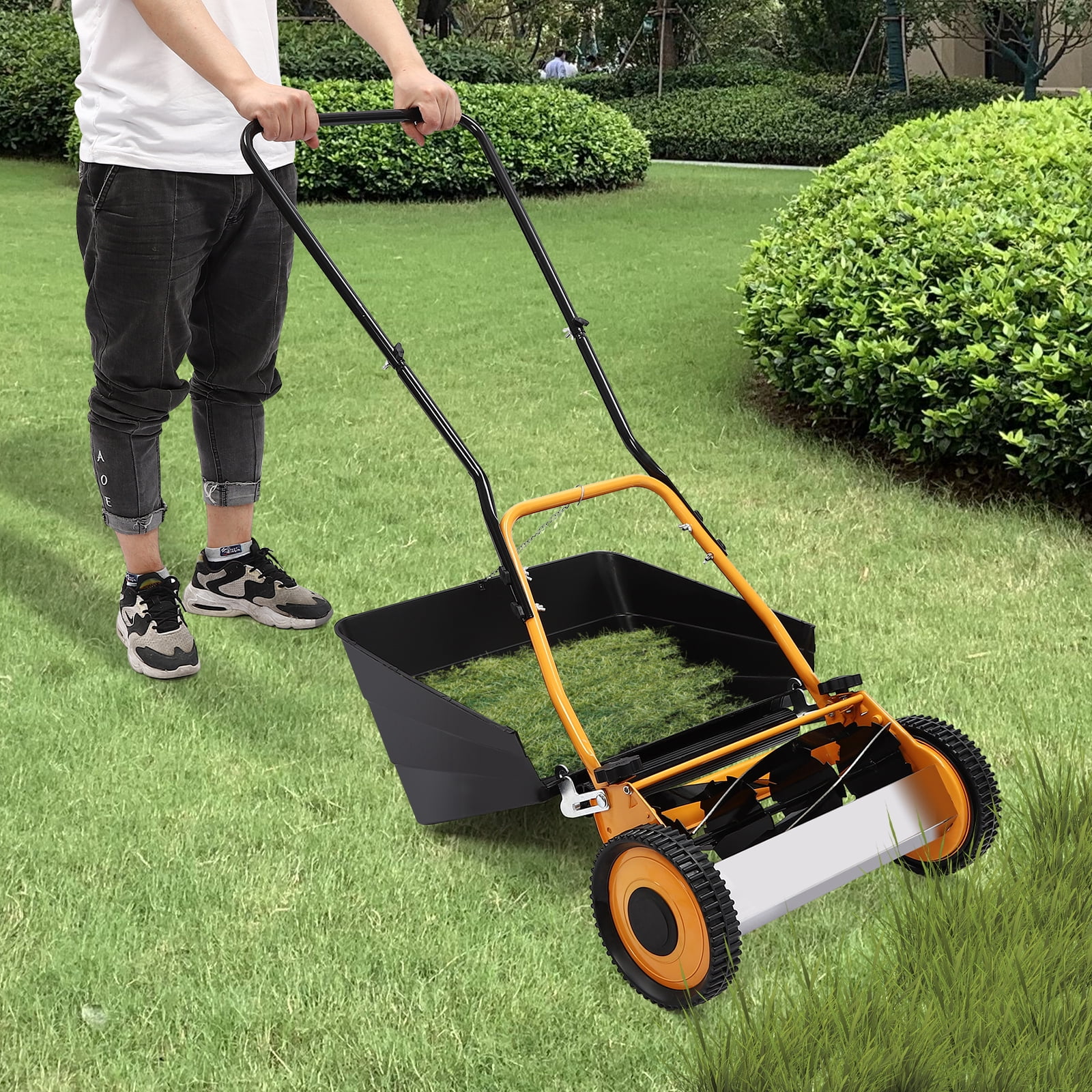 Push Reel Lawn Mower 16Inch Manual Push Mower Grass Trimmer with Grass Collecting Box Adjustable Cutting Height
