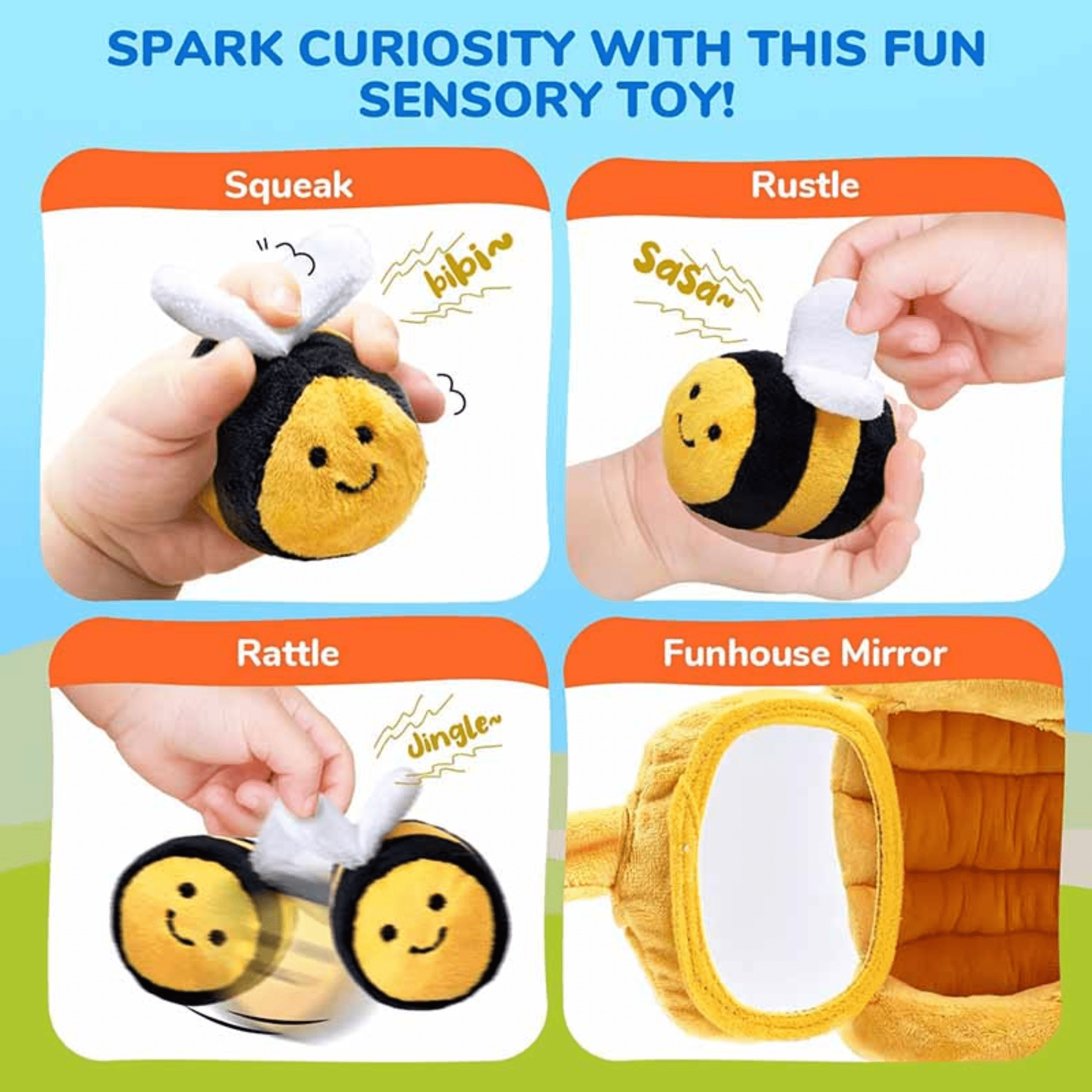 Baby Beehive Plush Toy with 5 Sensory Rattle Crinkle & Squeaker, Soft Stuffed Animal for Infants 6-12 Months, Educational Busy Toy for Toddler 0-3 Years Old Boy Girl Developmental Play,6pcs