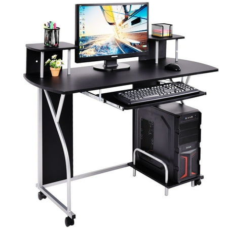 Costway Rolling Computer Desk Pc Laptop Pull Out Tray Home Costway Rolling Computer Desk Pc Laptop Pull Out Tray Home Office Workstation Black