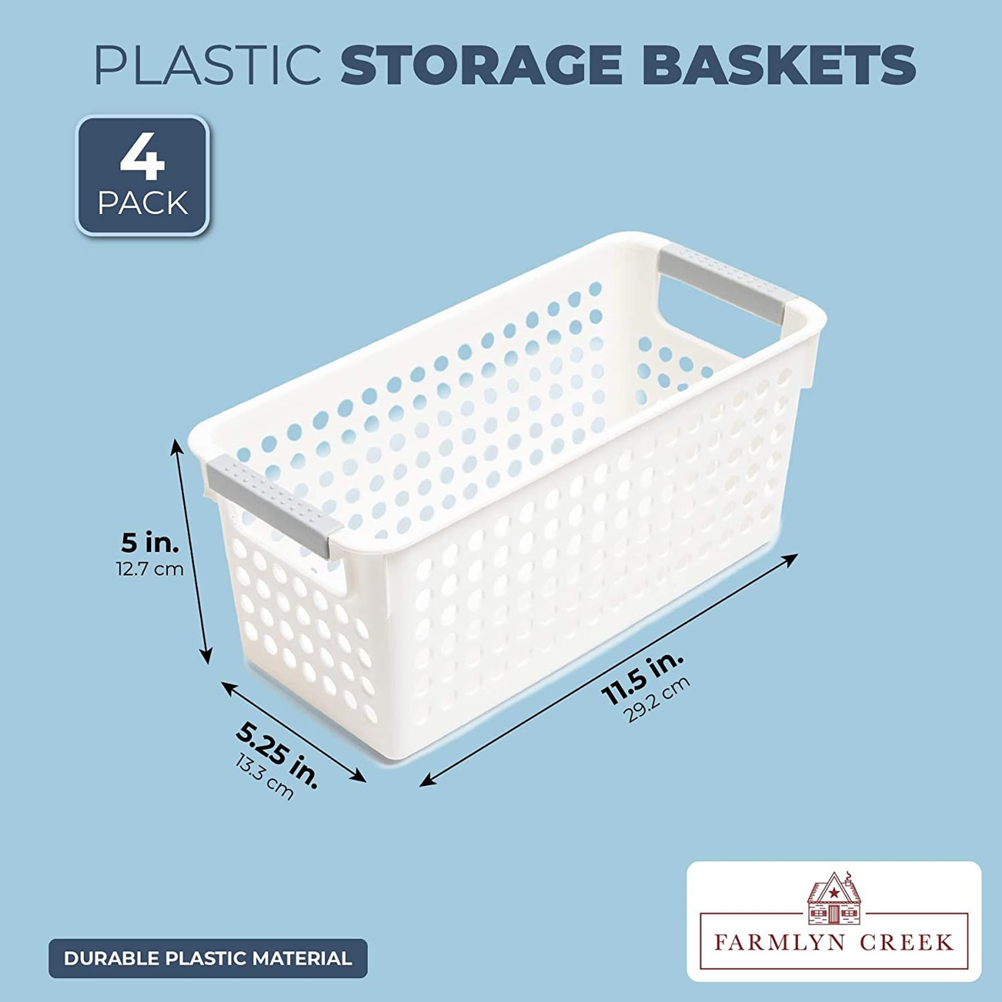 Casewin Plastic Storage Baskets 4 Pack, Small Pantry Baskets for Organizing,  Organizer Basket Bins for Shelves, Organizer and Storage for Bathroom,  Bedrooms, Kitchens (Gray) 