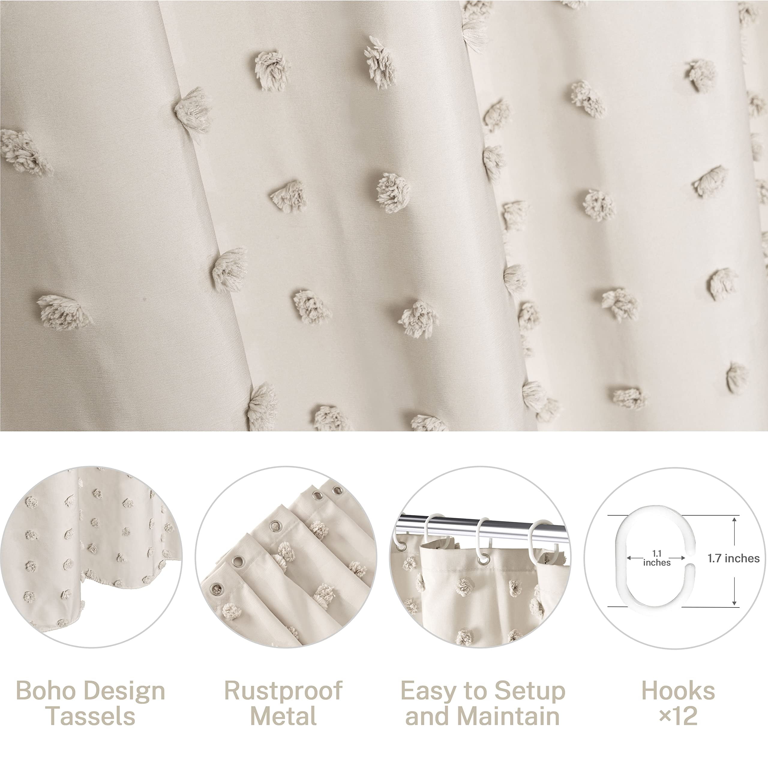 Siiluminisoy Beige Farmhouse Shower Curtains, Heavy-Duty Mold/Mildew-Resistant,Water-Repellent, Machine-Washable,Tufted Pleat Floral Puffs Design,72 x 72