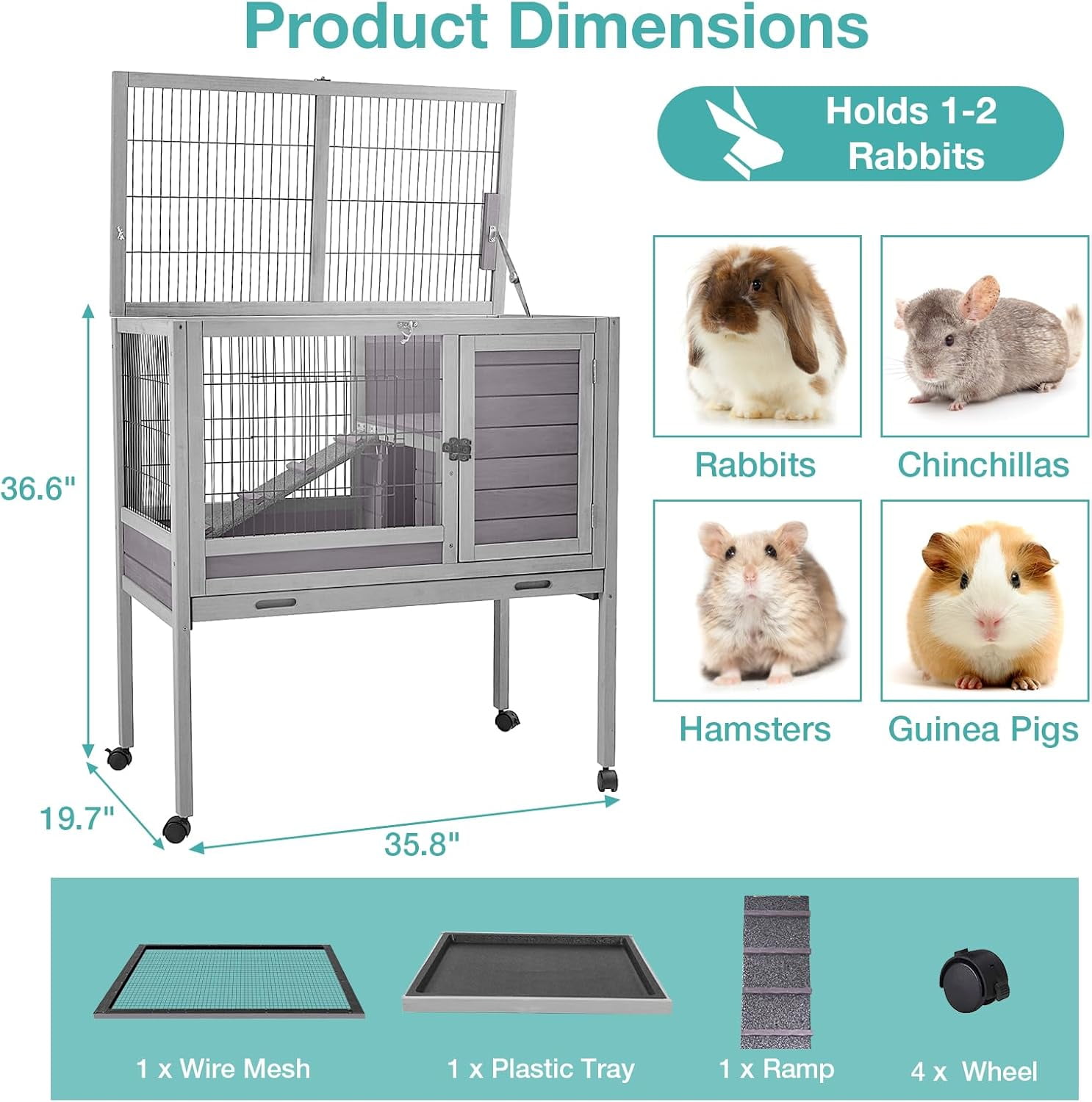 BUTINGLALE Guinea Pig Cage with Wooden Stand,Indoor Rabbit Hutch with 2 Stories, Hamster Cage with Anti Chew Ramp, Hideout, Platform, Pull Out Tray (Grey+Wheel)