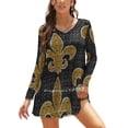 thumbnail image 1 of Robe Noire et Dorée Fleur de Lis Col Carré Robe d'Été Douce Femme Élégante Imprimé Licou Robe Noire et Dorée Fleur de Lis, 1 of 5