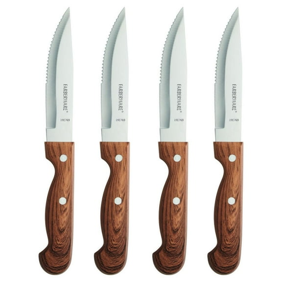 Farberware Classic 4-Piece Stainless Steel Steak Knife Set, Faux Wood Handles
