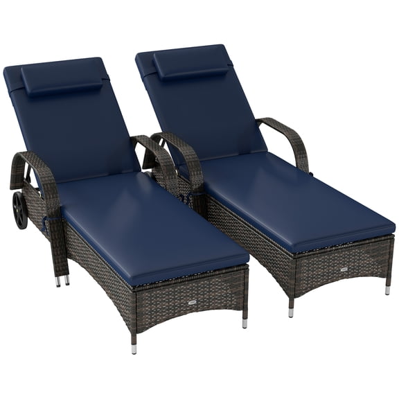 Homiyad 2 Reclining Chaise Lounge Chairs, Rolling Outdoor Chairs with Cushion, Pillow, Headrest, Armrests, and Wheels, Dark Blue