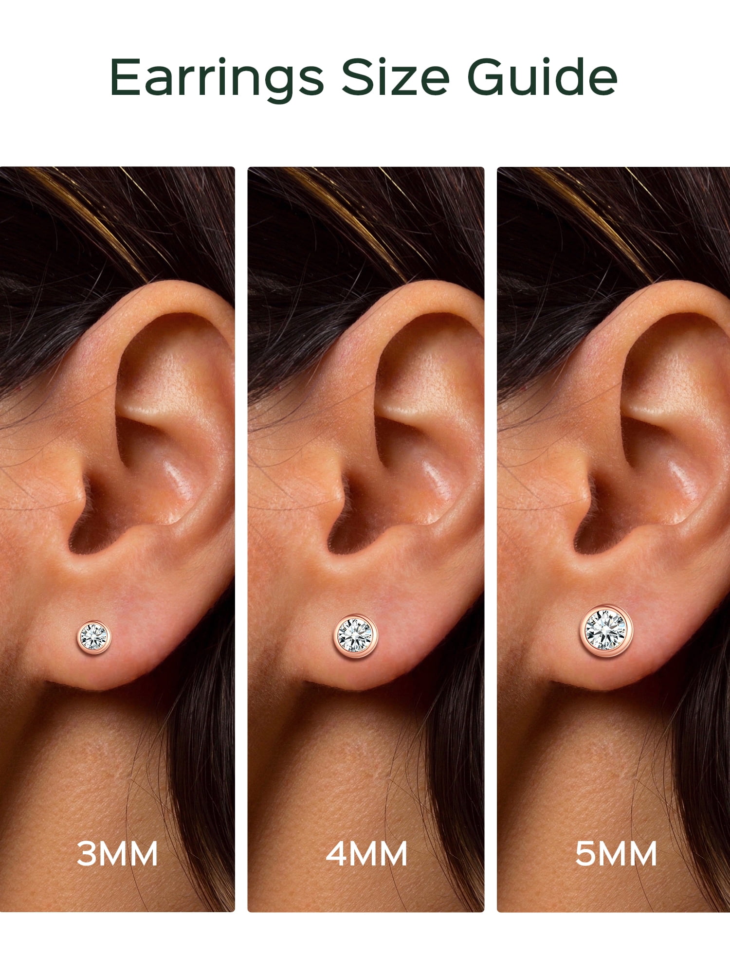 ChicSilver 3 Pairs Sterling Silver Stud Earrings for Women, 3/4/5MM Hypoallergenic Simulated Diamond Round Cubic Zirconia Ear Stud Set for Sensitive Ears, Rose Gold