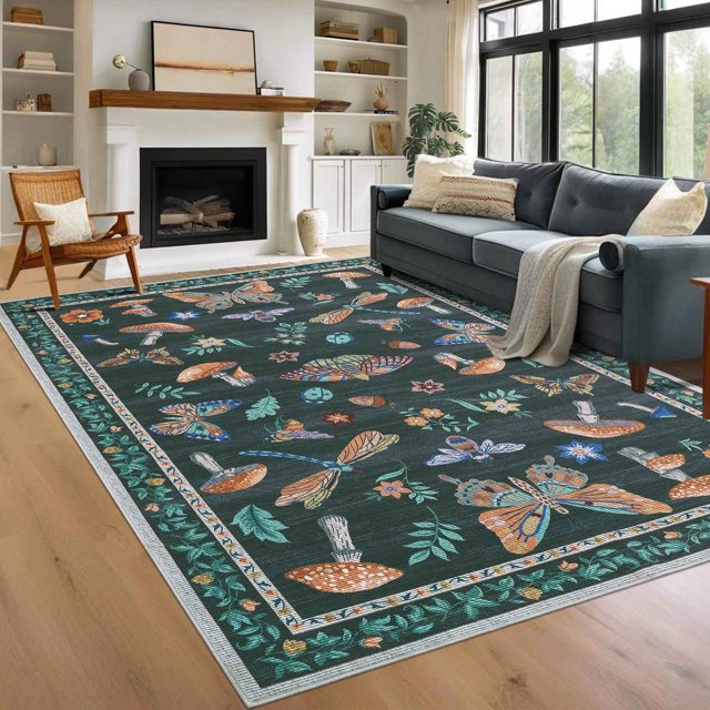 Garvee 8'x10' Modern Insect Floral Print Area Rug Washable Rugs, Stain-Resistant Non Slip Rug Foldable Indoor Carpet Low Pile Floor Mat for Living Room Bedroom Home Decor, Black