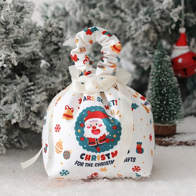 Christmas Produce Gift Bag | White Cloth Drawstring Tote with Red Ribbon Gold Print | Reusable Decorative Holiday Storage for Fruits Vegetables Ornaments