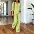 thumbnail image 3 of BRELIL Women Plus Size Summer V Neck Blouse Wide Leg Pants Two Piece Sets Casual Solid Boho Beach Vacation Travel Outfits Loungewear, Green XL, 3 of 7