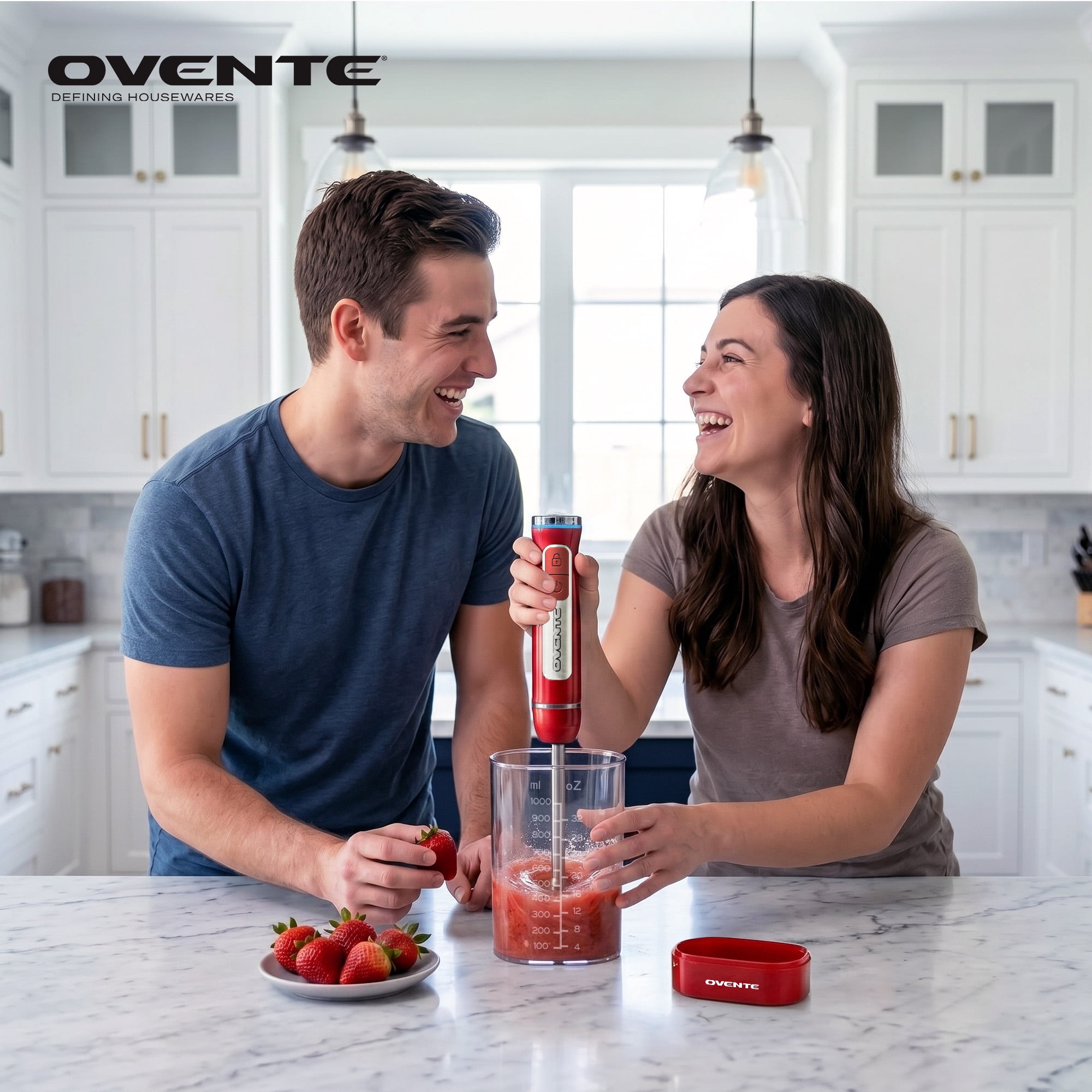 OVENTE Cordless Hand Blender, Rechargeable with 8 Mixing Speed Red HR781R | 200 Watts Handheld Portable Stick Mixer, One-Touch Control and Stainless Steel Blades for Smoothies, Shakes or Soups