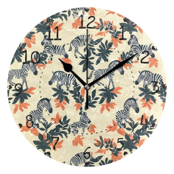 Zebra Figure Round Wall Clock Silent Battery Operated Home Decor for Living Room Bedroom