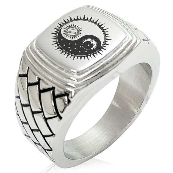 Stainless Steel Sun & Moon Yin Yang Geometric Pattern Step-Down Biker Style Polished Ring