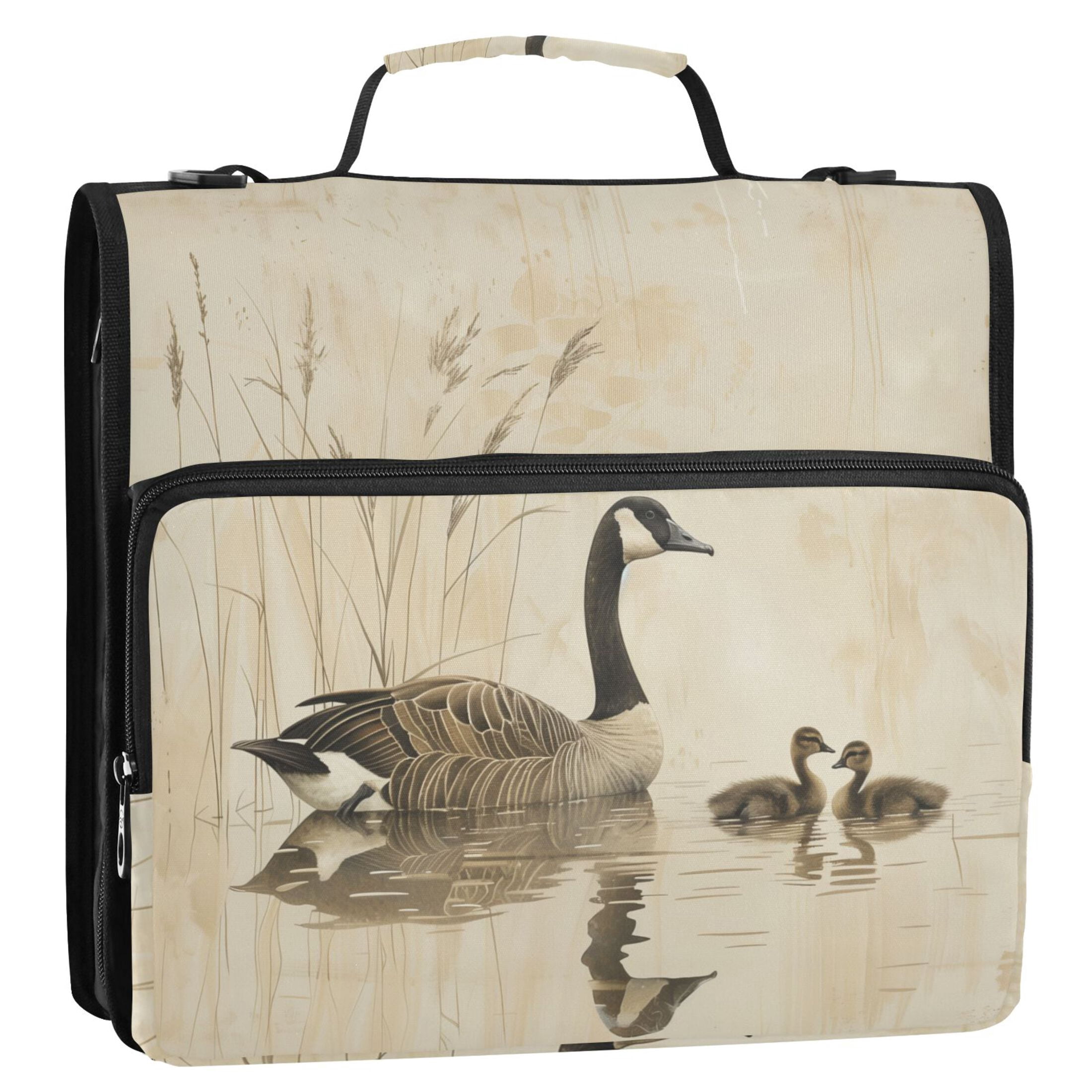 3 Ring Zipper Binder with Shoulder Strap Waterproof Trapper Keeper 2 Inch D-Ring 500 Sheets Capacity Elegant Goose with Goslings Swimming