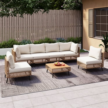 LAUSAINT HOME 7 Pieces Patio Furniture Set, Outdoor Wicker Conversation Sectional Set with Beige Cushions