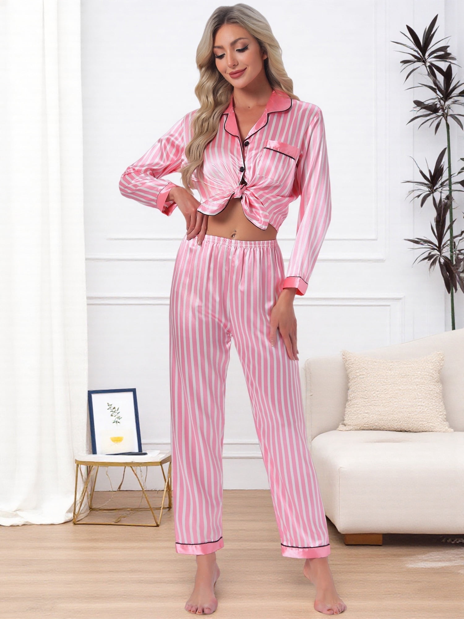 DARING DIVA Women's Satin Pajama Set Silky Long Sleeve Button Down Sleepwear M Pink