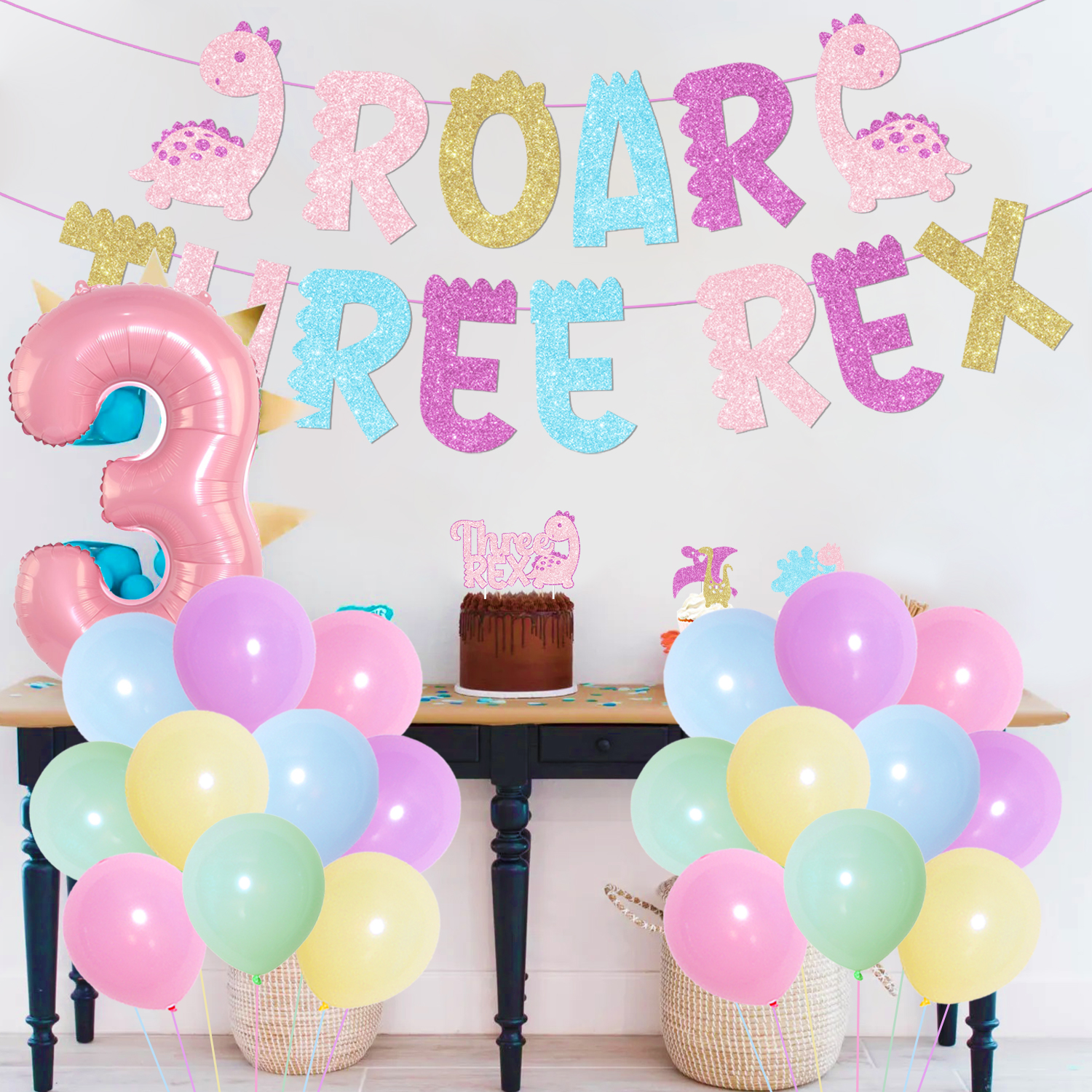 Pink Cute Dinosaur 3rd Birthday Party Decorations with ROAR THREE REX Glitter Banner, Macarone Dinosaur Cupcake Toppers and Number 3 Foil Balloons for Three Years Old Girls Birthday Party Supplies