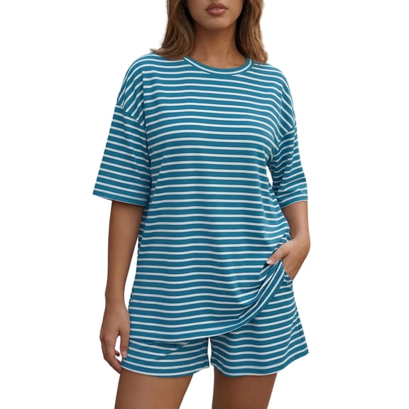 Sewkxo Two Piece Sets for Women Summer Lounge Short Sets Short Sleeve Crew Neck Sweatsuit with Pocket,Blue 2XL