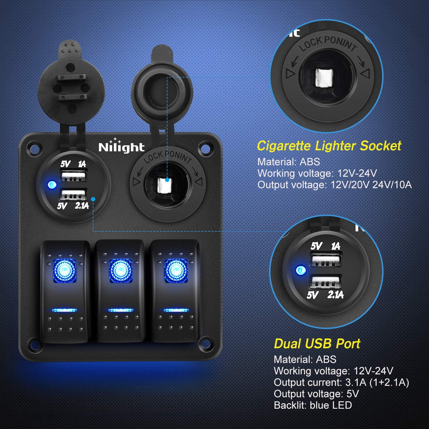 Nilight - 3 Gang Rocker Switch Panel Waterproof Pre-Wired Aluminum Switch Panel with Dual USB Charger Socket & Cigarette Lighter Socket 12V 24VDC ON Off Switch Panel for Cars Rvs Trucks