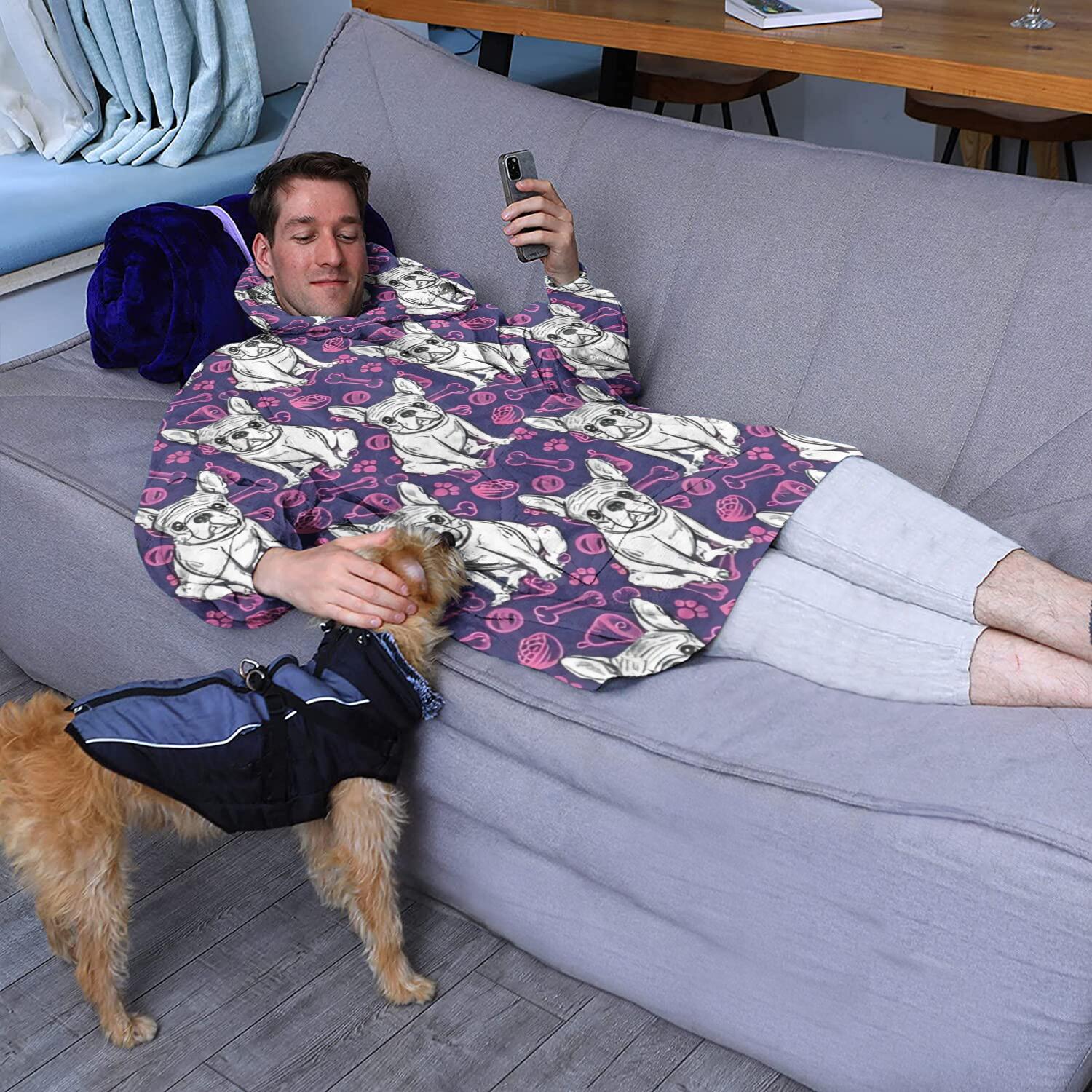 Purple French Bulldog Wearable Oversized Blanket,Wearable Blanket Hoodie for Adults,Cozy Hooded Blankets with Super Pockets,Super Warm Fuzzy Pullover for Women & Men