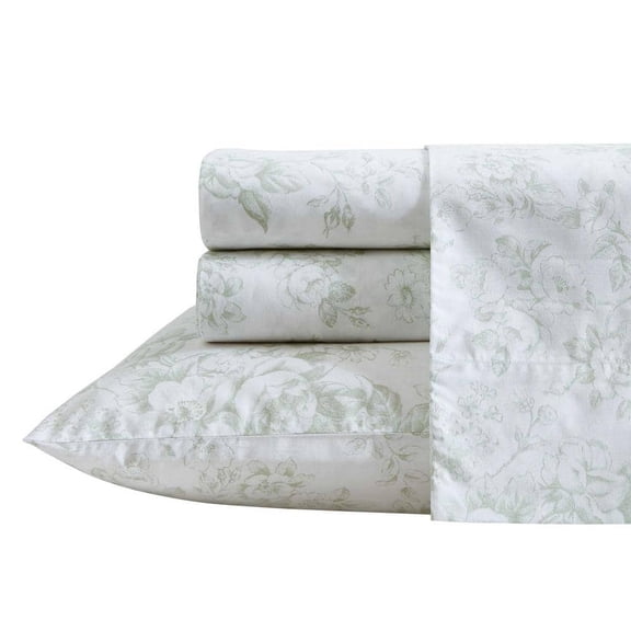 Toile Delight Sage Green 4-Piece Percale Cotton Queen Sheet Set
