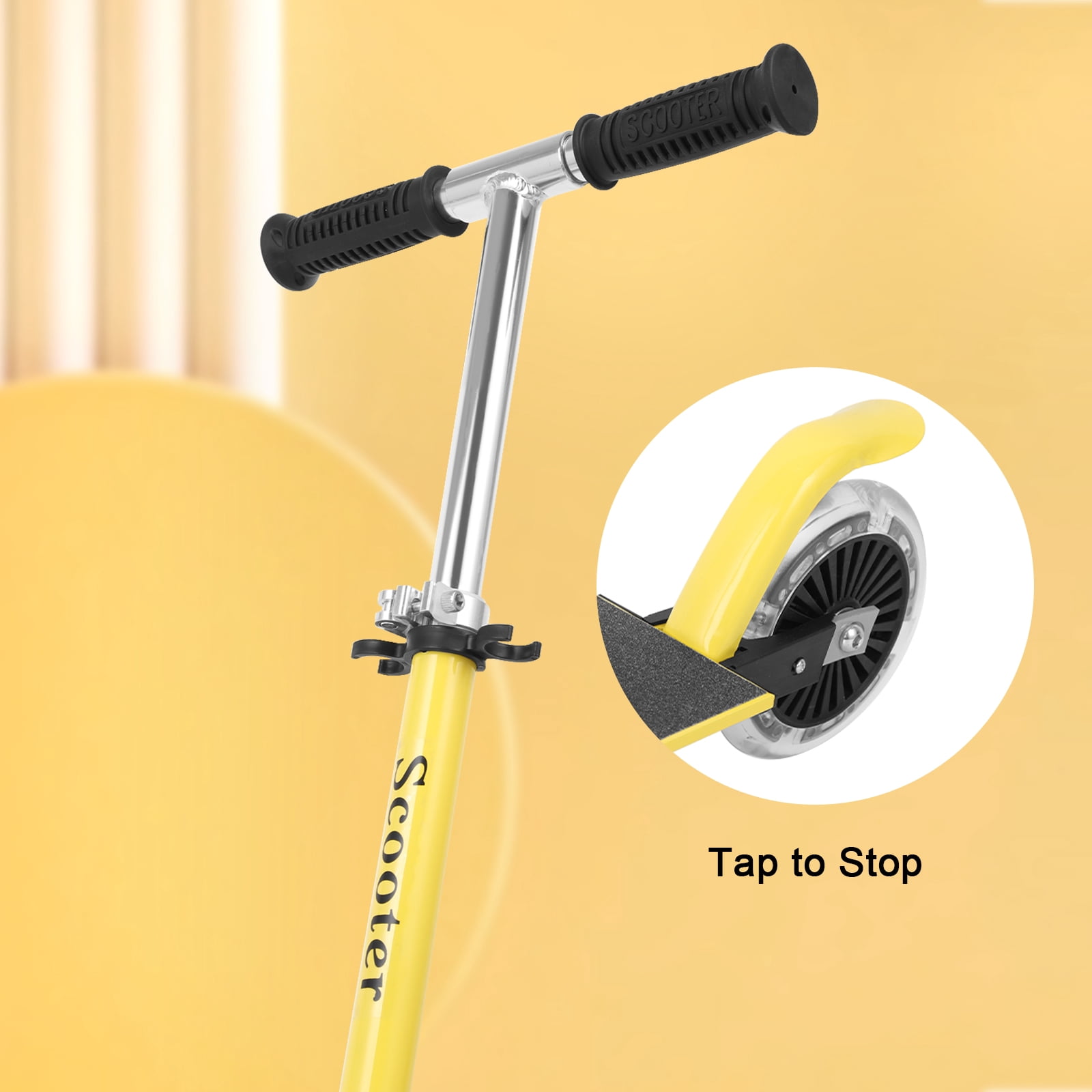 Scooter With 2 Wheels, for Kids Ages 6+, Kickstand Foot Support, Adjustable Height & Foldable, Yellow