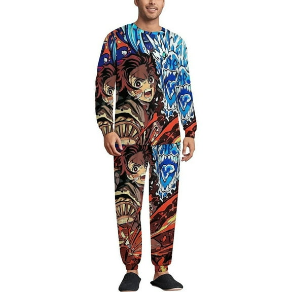 Demon Slayer Men's Lounge Pajamas Set 2-Piece Crew Neck Sleepwear Soft Long Sleeve Top & Pants for Sleep, Home & Vacation S