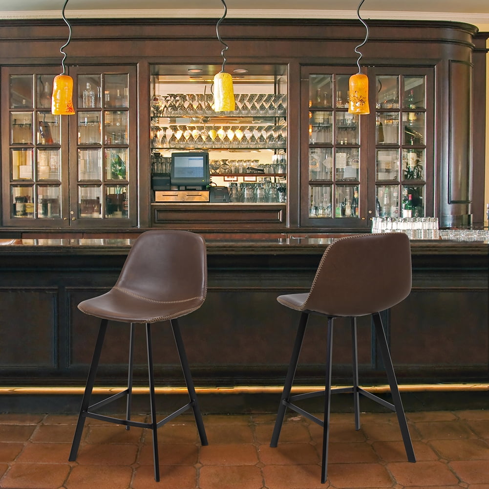 Kepooman 2 Pieces 35.8"H Wrought Iron Bar Stool,Industrial PU Leather Armless Counter Chairs - Dark Brown