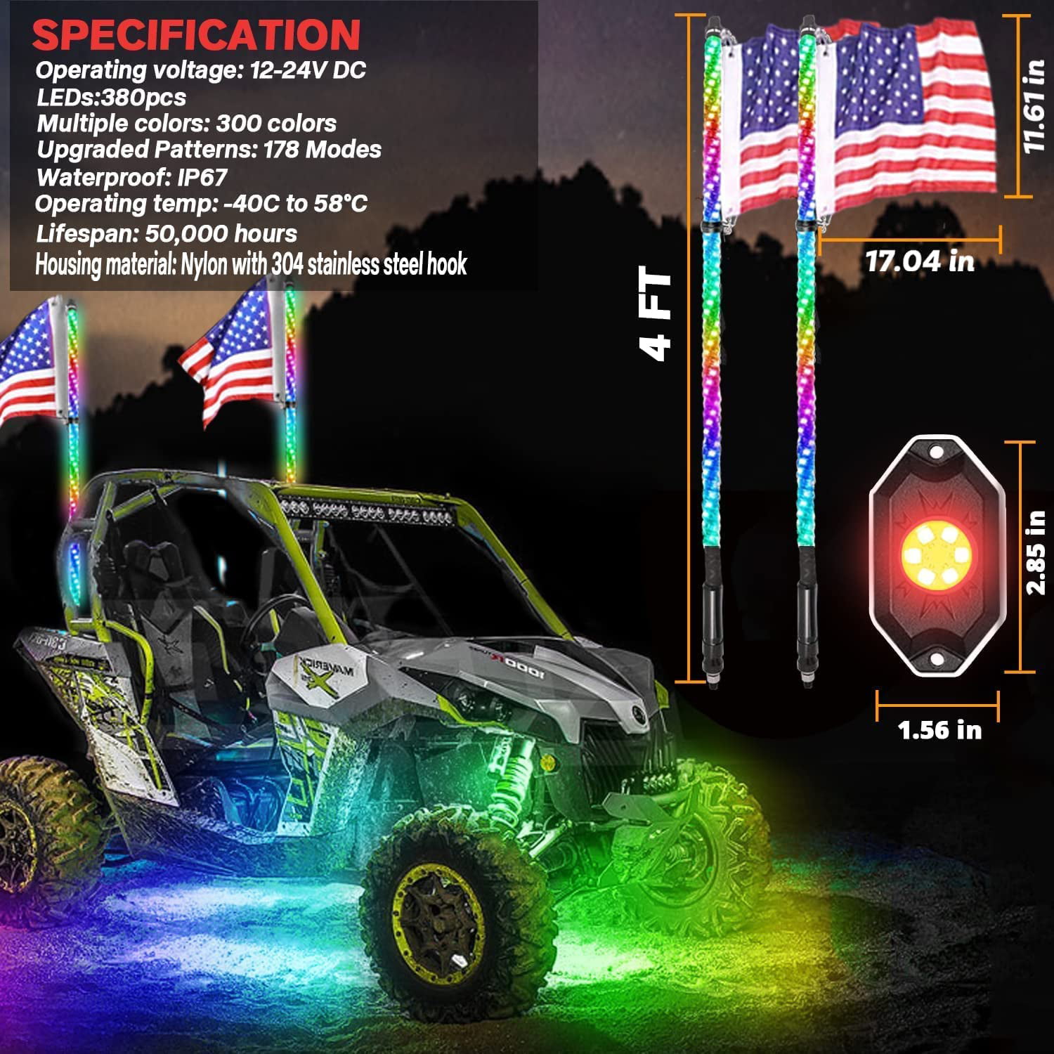 OHMU 2Pcs 4FT LED Whip Lights and 3rd-Gen Rock Lights Package with Bluetooth and Remote Control 360° Spiral Chase RGB Neon Offroad Warning Lighted Antenna Whips and Rocks 