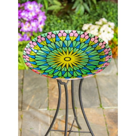 18" Hand Painted and Embossed Glass Bird Bath, Shades of Green