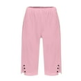 thumbnail image 5 of BiZtdJrK Womens Bermuda Shorts Knee Length Elastic Waist Cotton Linen Shorts Button Side Split Summer Beach Shorts with Pockets Pink L, 5 of 6