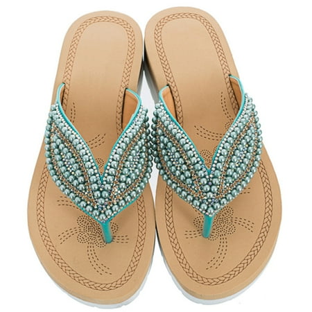 CHOII Clearance Women Ladies Crystal Comfortable Flip Flops Wedges Slipper Sandals Casual Shoes with Elastic Band Unique Wavy Line Sole Anti-slip Design Thong Sandals Beige/5