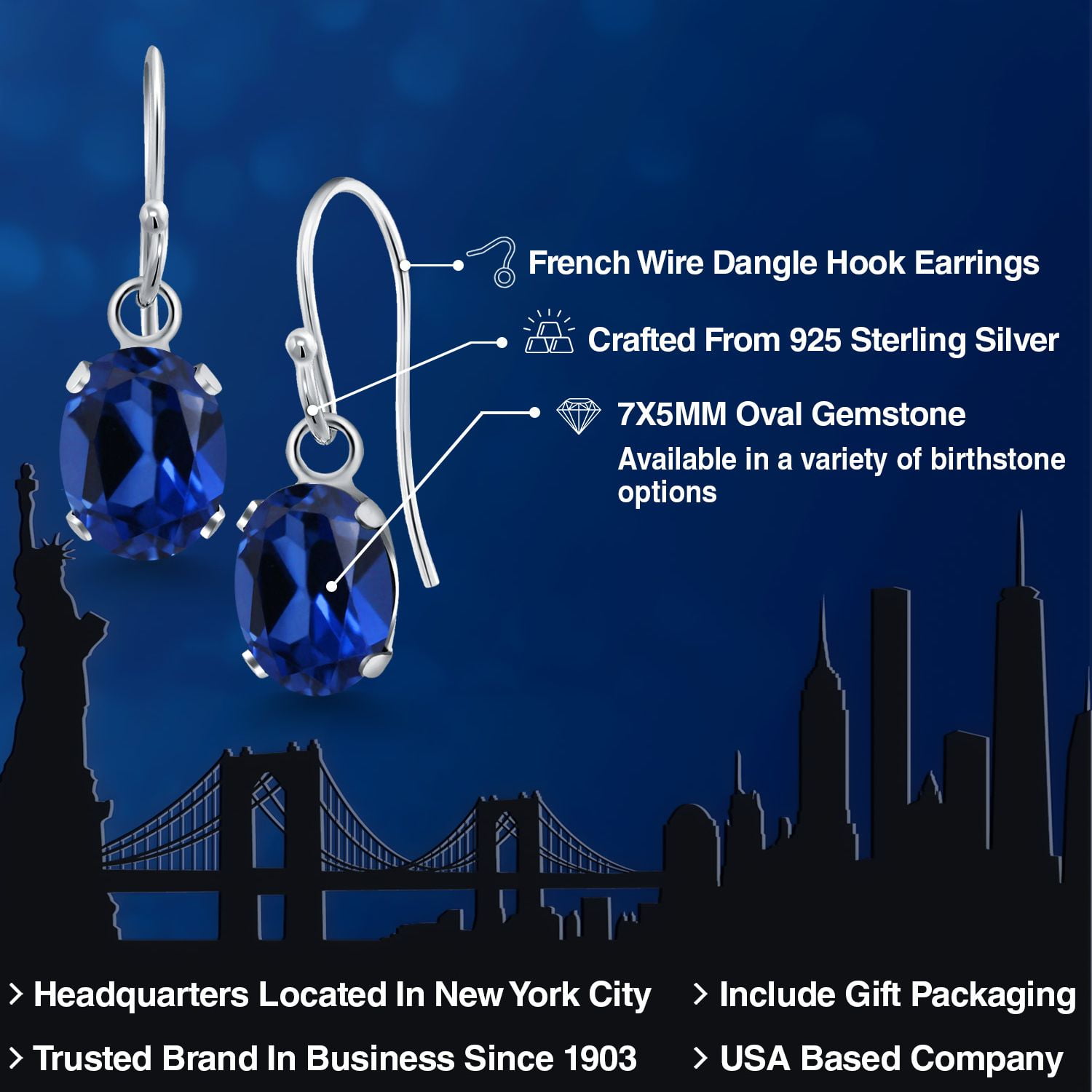Gem Stone King 1.80 Cttw Blue Created Sapphire French Wire Dangle Hook Earrings for Women | 925 Sterling Silver | Gemstone September Birthstone | Oval 7X5MM