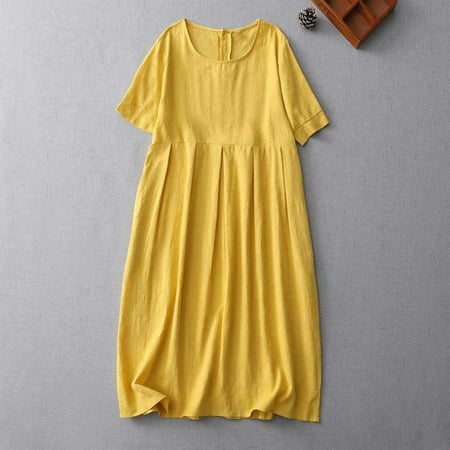 Usdian Graduation Dress Short Sleeve Lightweight Summer Dresses for Women Boho Dresses Regular Fit Soft Solid for Traveling Yellow L Clearance Sales Today