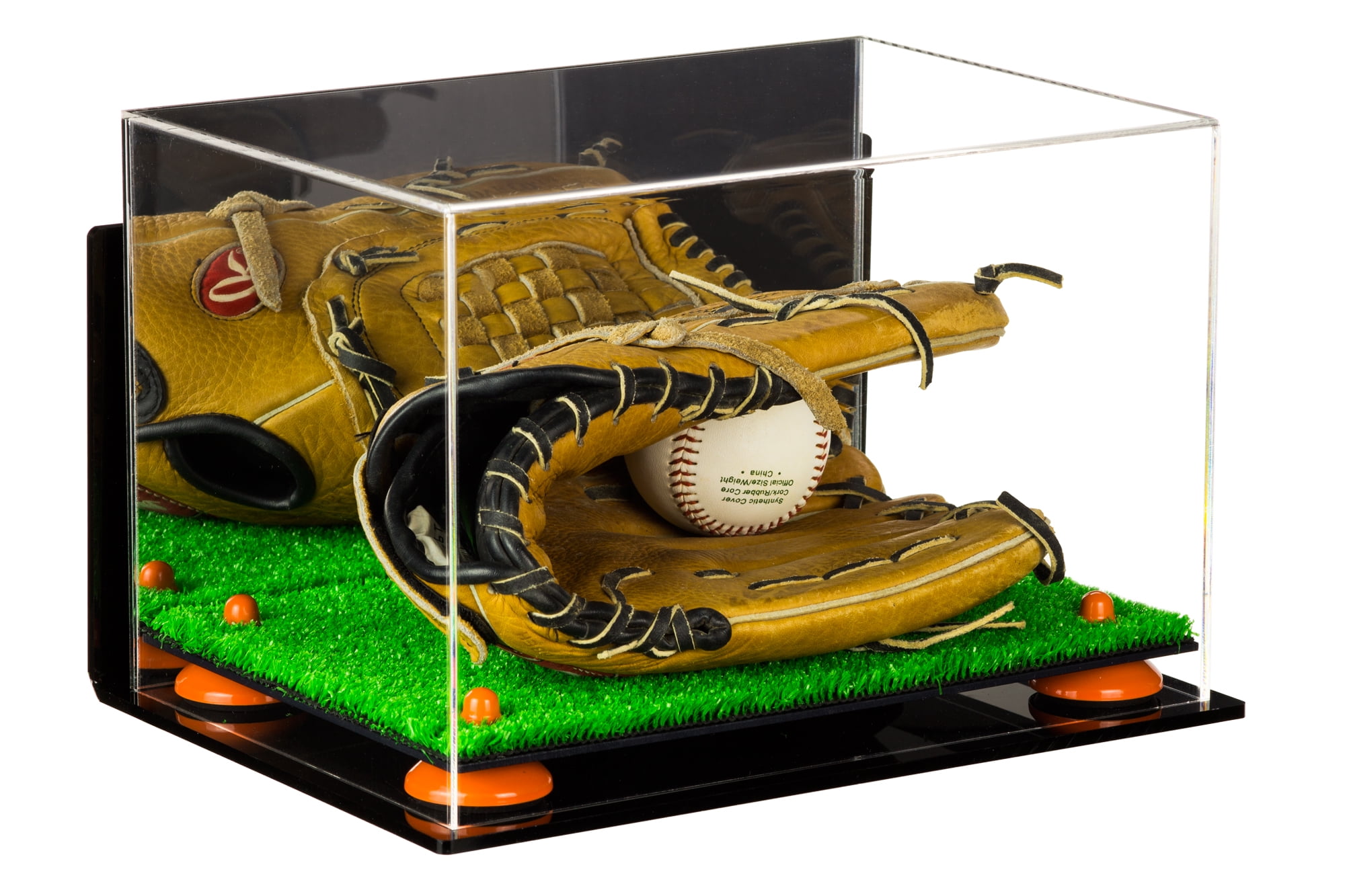 Deluxe Acrylic Baseball Glove Display Case with Orange Risers, Mirror 