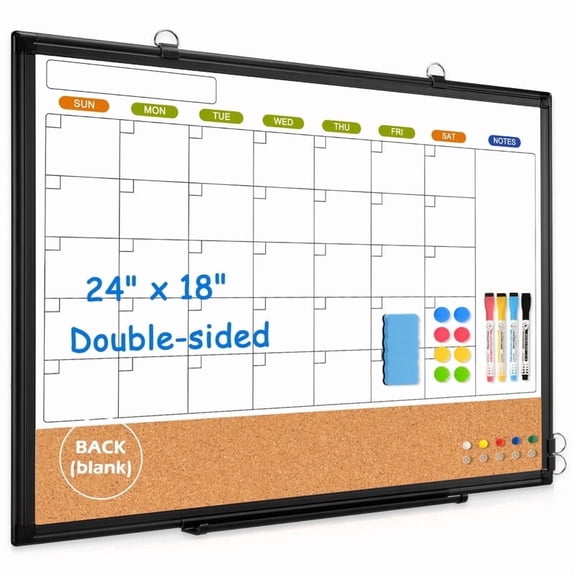 DOLLAR BOSS Monthly Dry Erase Calendar Whiteboard Calendar Cork Board Combo 24" x 18" Calendar Bulletin Board Double-Sided Dry Erase Board for Wall with 4 Markers 4 Magnets 10 Pins, Black Frame